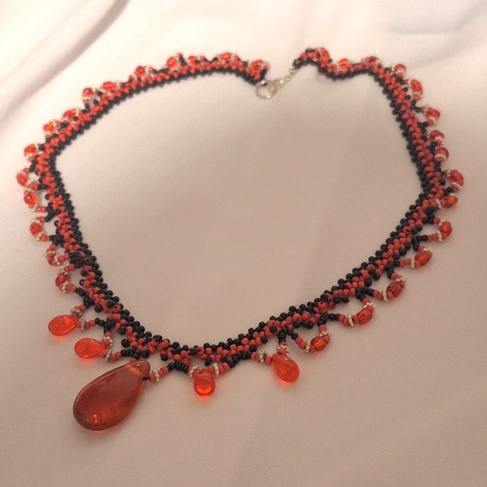 Artisan Made Vampy Extravagant Black and Read Beaded Collar Necklace